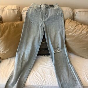 Express Women's High Waisted Wide Leg Light Blue Distressed Wide Jeans